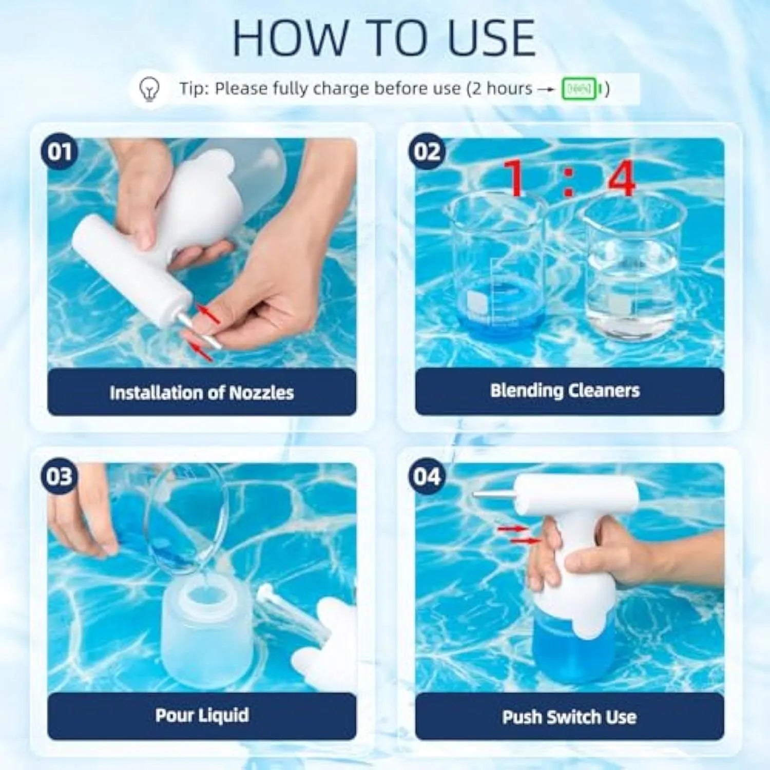 White electric foam soap dispenser with two nozzles for pet bathing and household cleaning