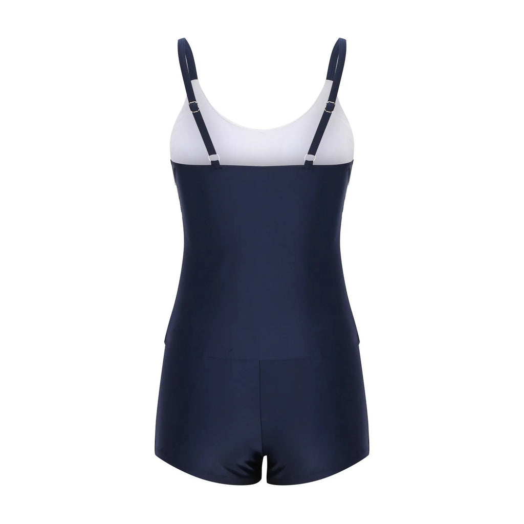 Ladies conservative stripe one-piece swimsuit with boyshorts bottom and side splits