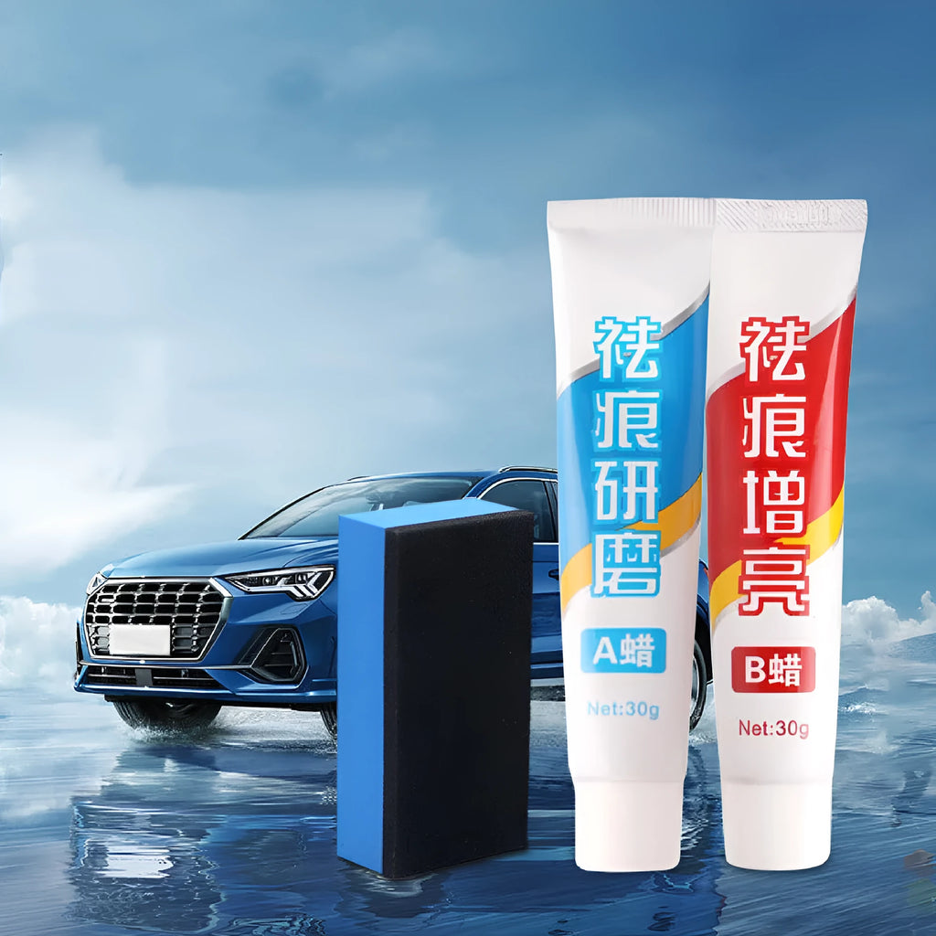 Car repair wax kit with two bottles (A Wax and B Wax) and a frosted sponge mop for scratch removal and paint polishing.