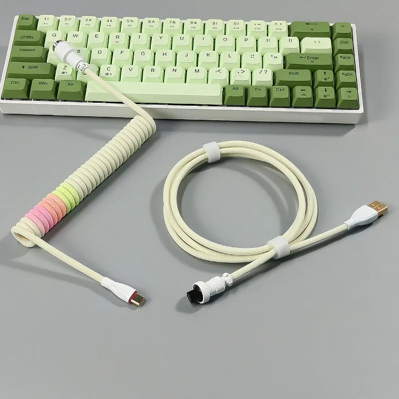 Coiled mechanical keyboard data cable, 150cm USB flexible wire with spiral stretch and metal interface housing, colour options