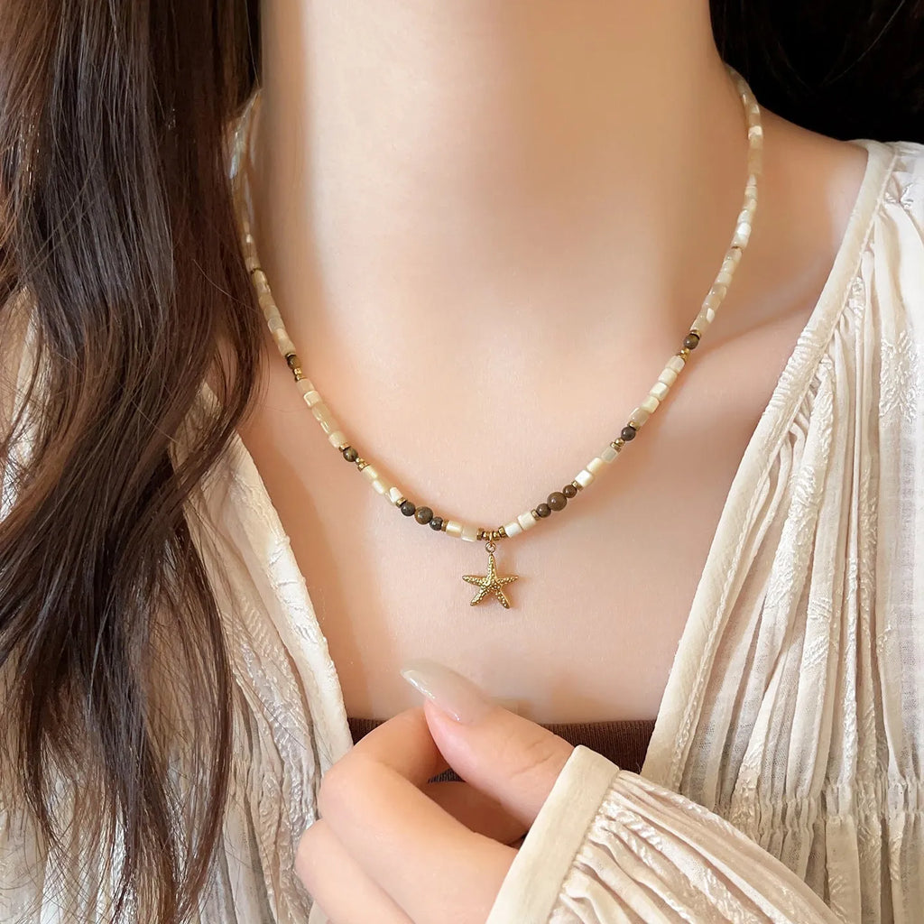 Titanium steel starfish pendant necklace with natural shell tigereye stone on beaded Maillard-style chain, 41-50cm