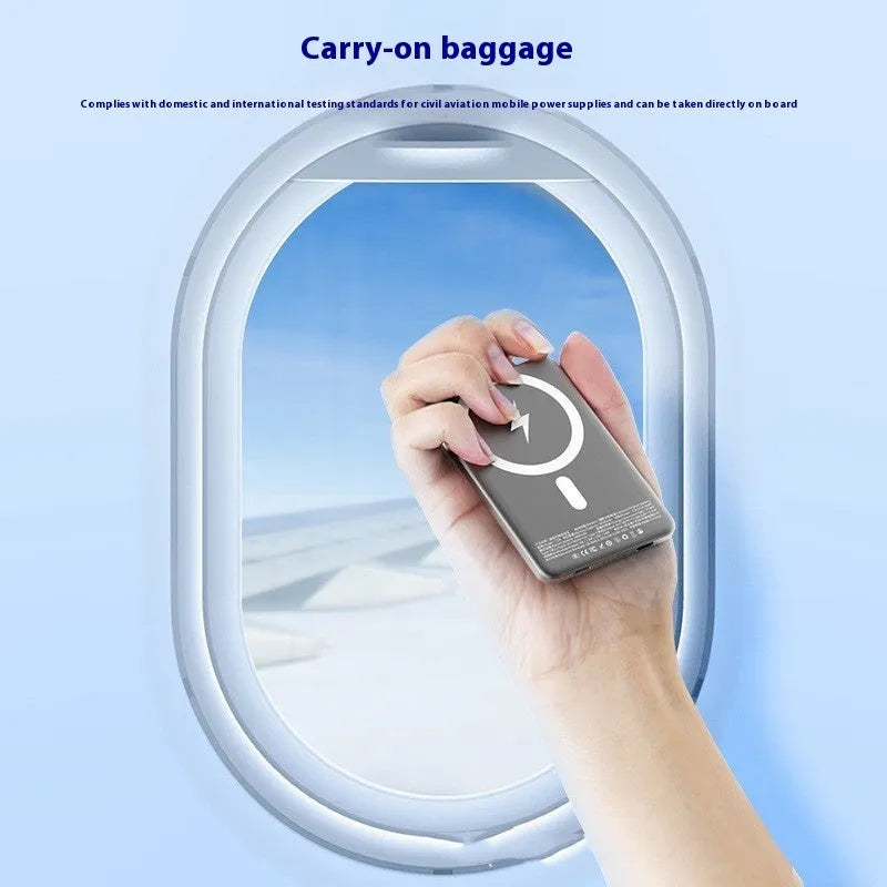 Gun grey magnetic wireless power bank with alloy shell showing ultra-thin 9mm profile