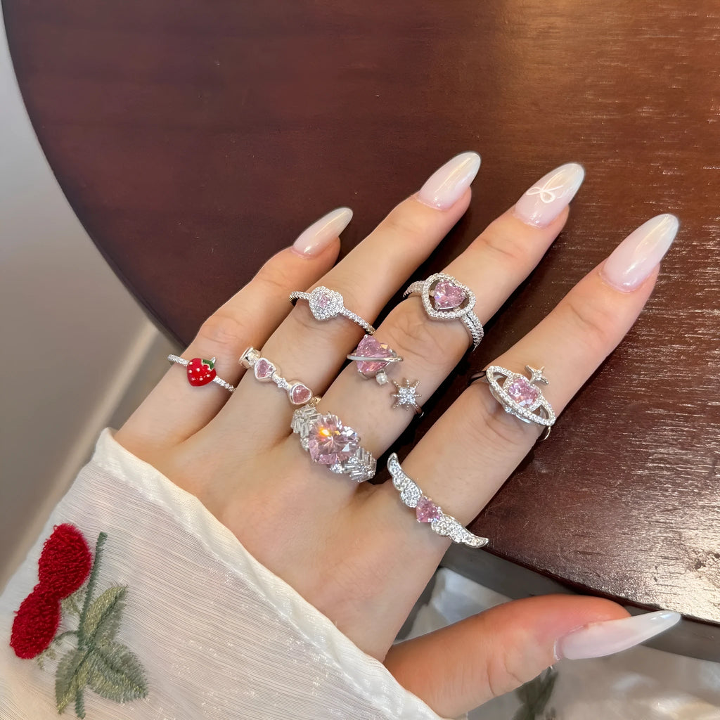 S925 sterling silver adjustable ring for women with epoxy strawberry heart and wing geometric design