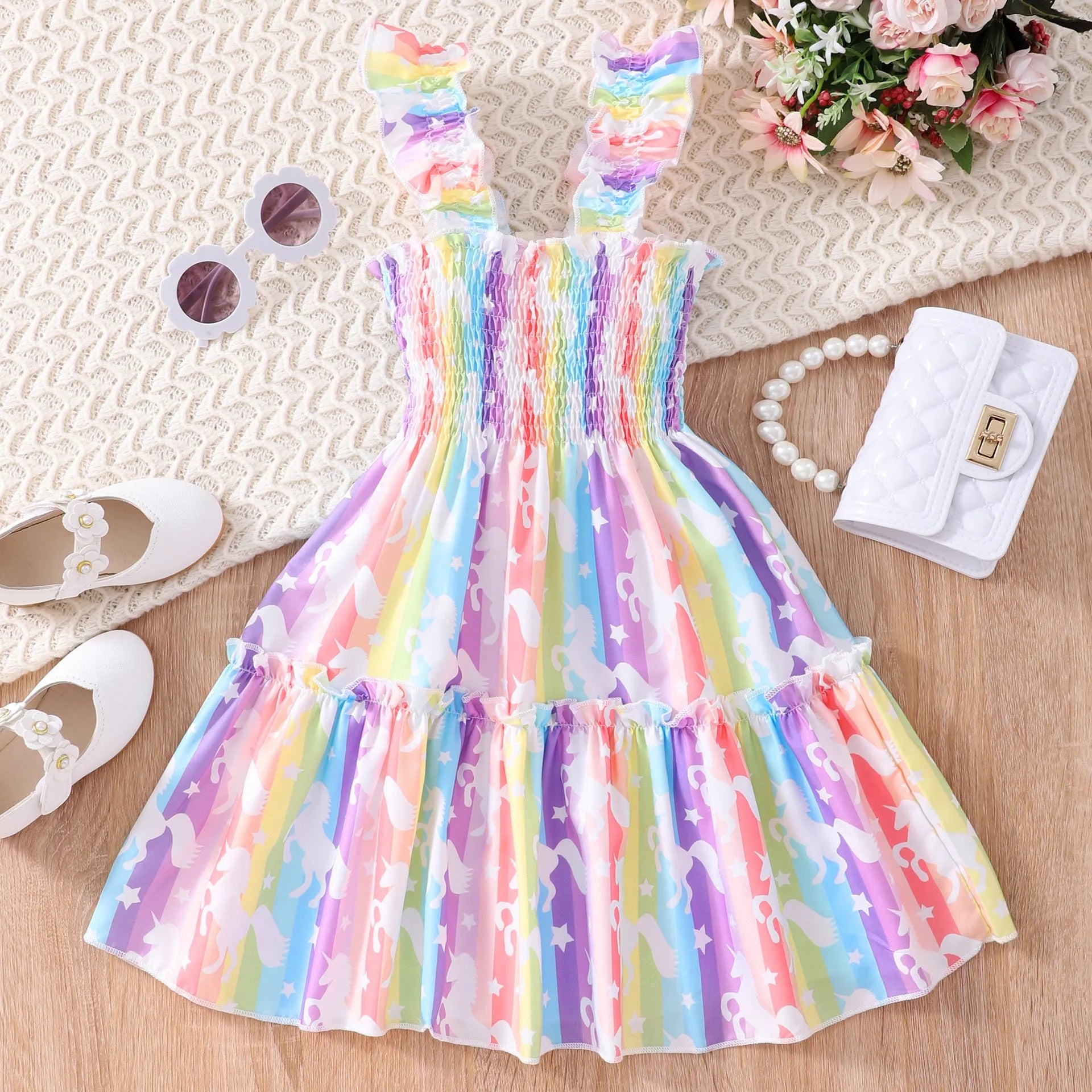 Children sleeveless smocking multicolor dress with leopard print butterfly and rainbow design for girls ages 2-7