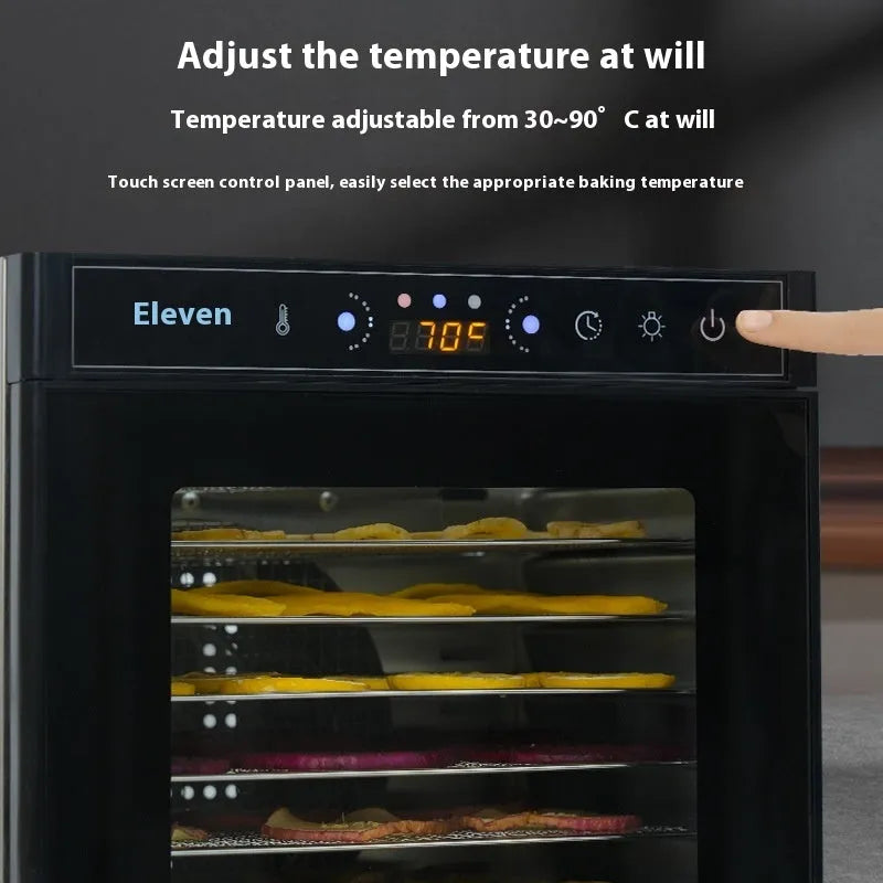 Stainless steel fruit dehydrator with multiple trays, LED control panel, and visual skylight design.