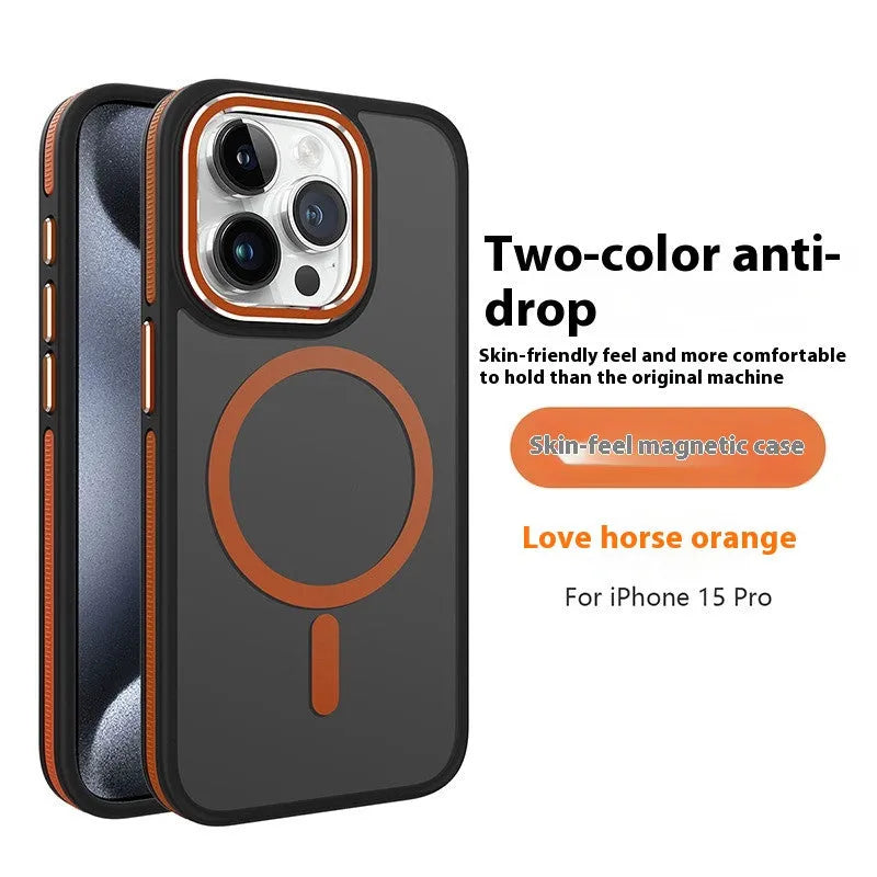 Magnetic iPhone case with frosted TPU shell and metal lens ring in black, blue, gray, orange, wine red, or dark purple.