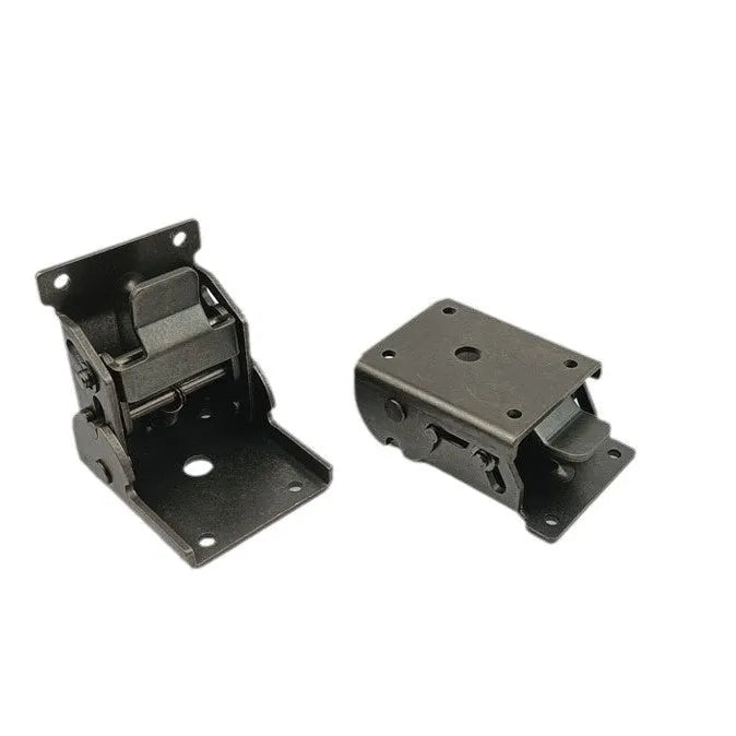 Furniture foot folding hinge in electroplated finish for invisible 0-90 degree self-locking installation.
