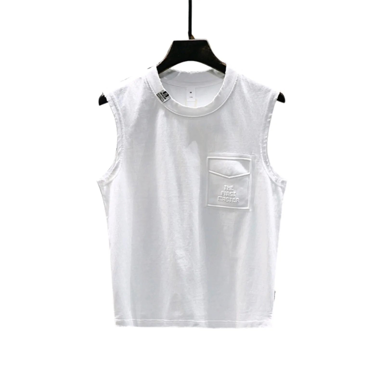 Men's loose fit black cotton sleeveless t-shirt on a hanger, showing straight hem design.