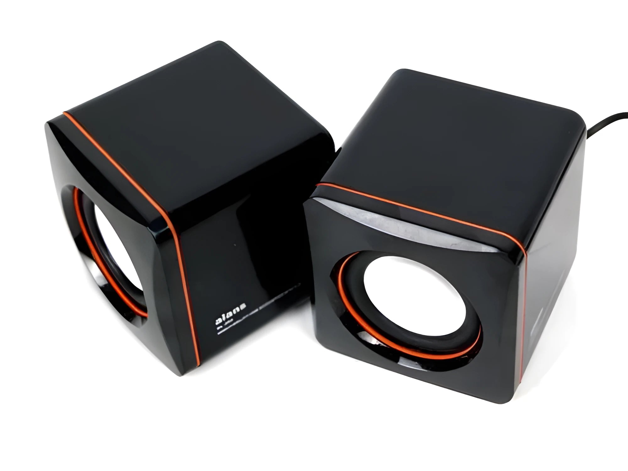 Black, small square USB-powered 2.0 computer speaker for desktop use.