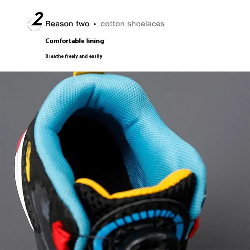 Children's rotating button fastening basketball shoes in black, pink, white & purple, and white blue.