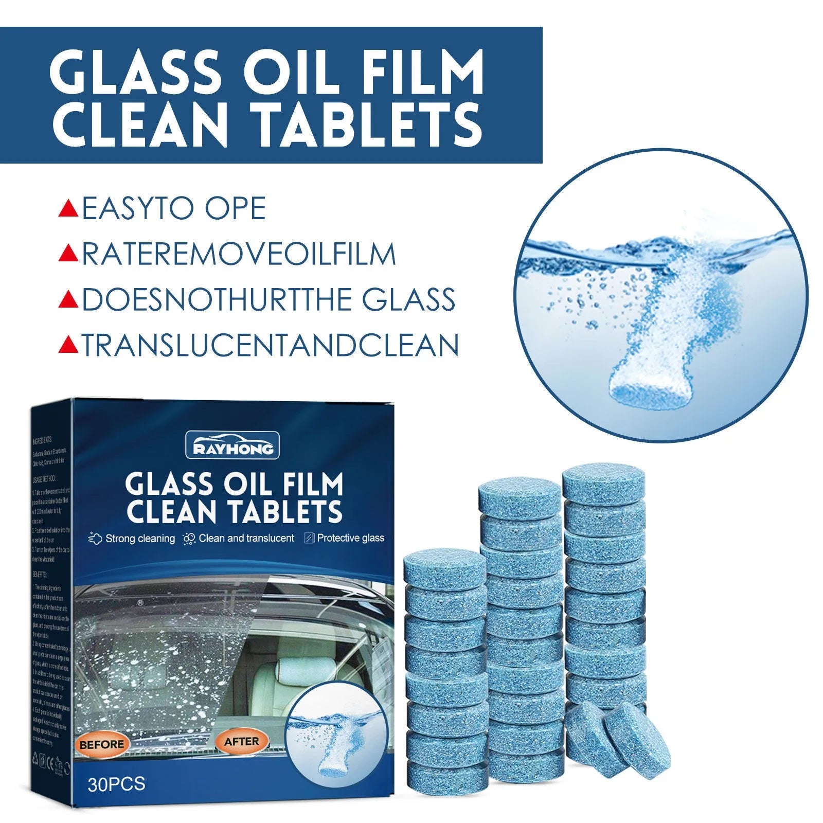 Box of 30 car oil-removing film cleaning effervescent tablets for automotive glass surfaces
