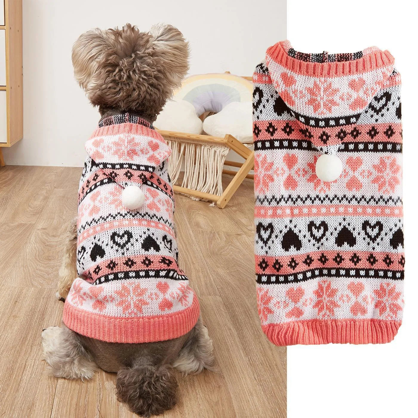 Blue knitted dog sweater with white snowflake and love heart patterns on a striped camouflage background.