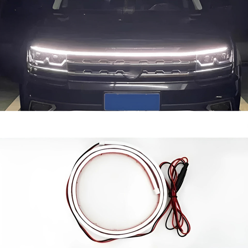 Flexible silicone LED strip daytime running lights for cars in white, ice blue, and red colours.