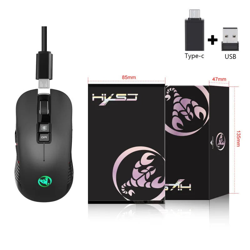 Black wireless gaming mouse with seven colour breathing lights showing adjustable DPI buttons and ergonomic shape