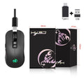 Black wireless gaming mouse with seven colour breathing lights showing adjustable DPI buttons and ergonomic shape