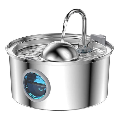 Stainless steel pet water dispenser with round basin and window faucet for dogs and cats.
