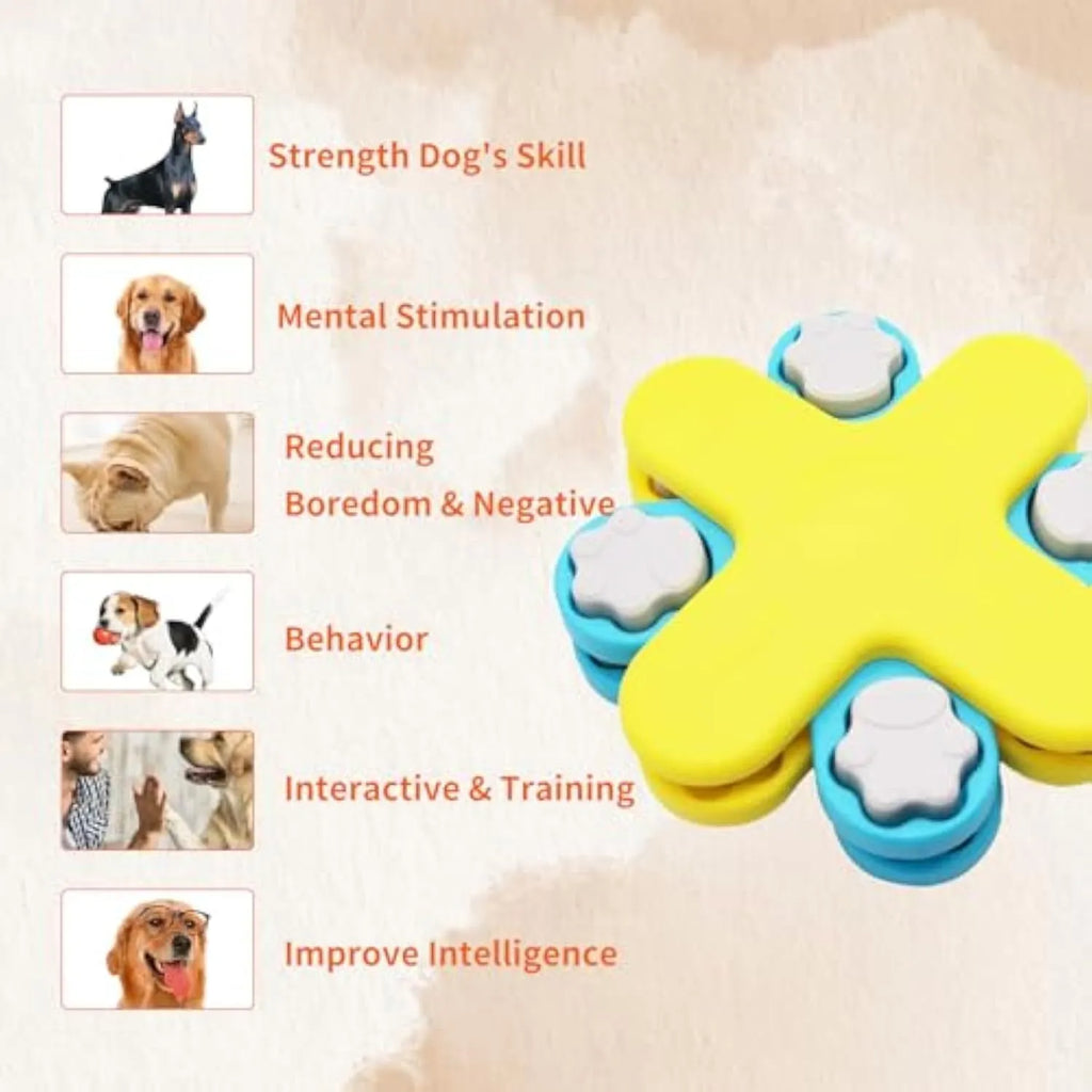 Yellow dog puzzle feeder toy with rotating lids on a non-slip base