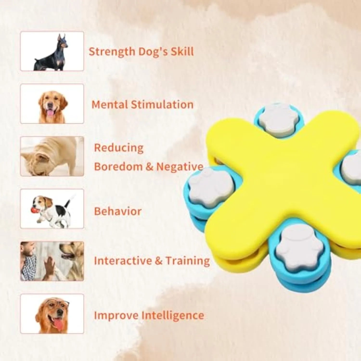 Yellow dog puzzle feeder toy with rotating lids on a non-slip base
