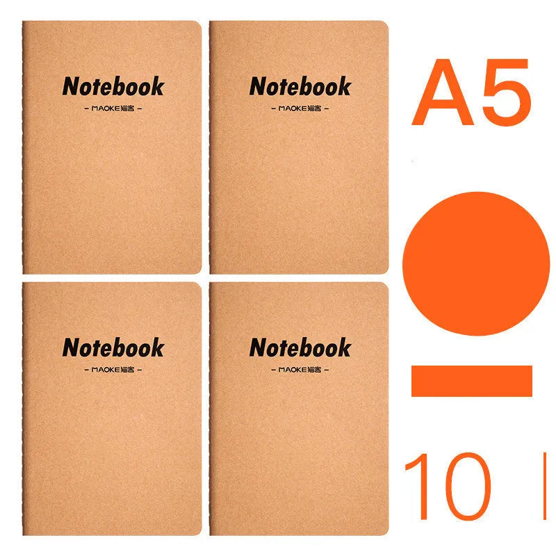 Set of 10 kraft paper notebooks with various hand-painted covers, shown open to display thread binding.
