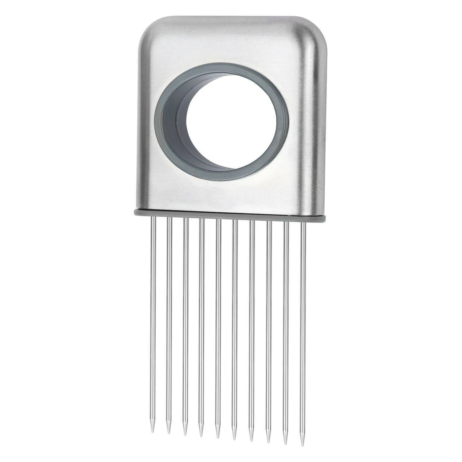 Stainless steel onion holder kitchen tool with sharp prongs and a red finger guard protector on a cutting board.