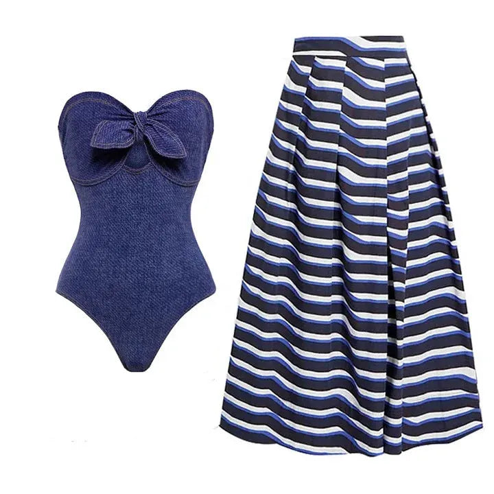 Women's denim colour vintage one-piece swimsuit with separate skirt for beach holidays
