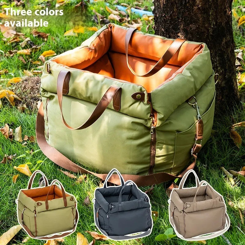Portable cloth cat car kennel in brown colour, showing dimensions of 55 cm by 50 cm by 45 cm.