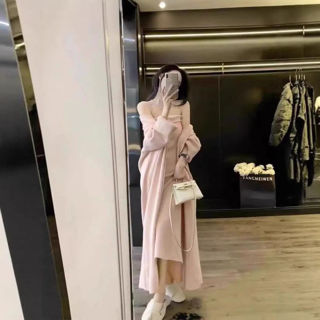 Women's grey flocked knitted long cardigan worn over matching dress in a casual two-piece set.