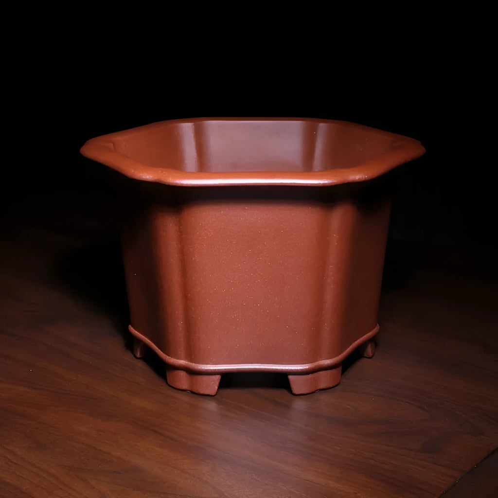 Square blue descending slope mud Zisha ceramic flowerpot on desktop with a plant