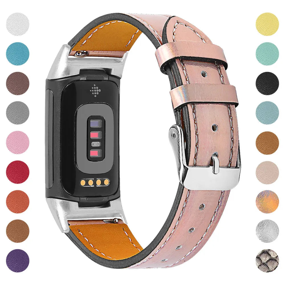 Genuine leather replacement watch strap for Fitbit Charge 5 and Charge 6 smartwatches.