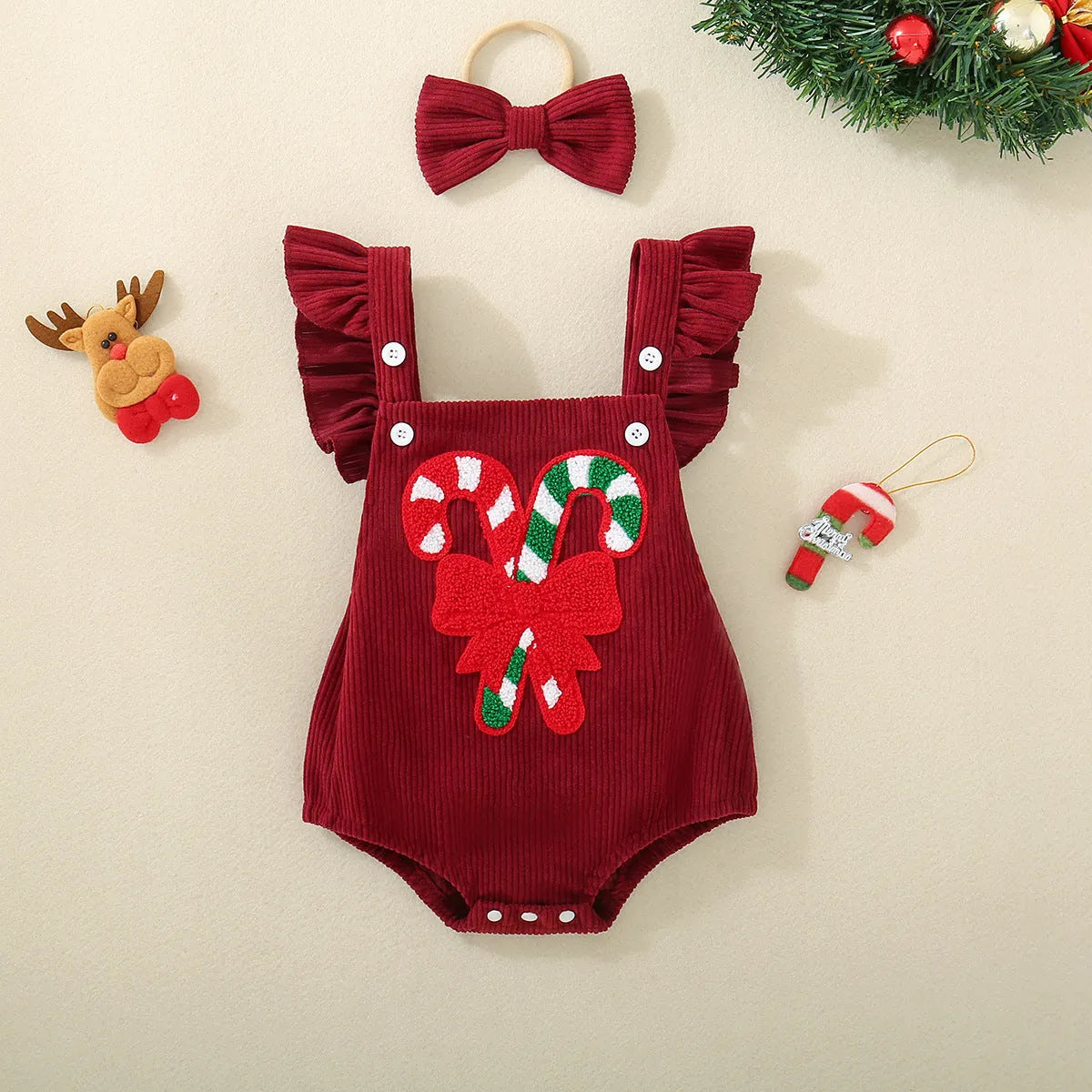 Infant and toddler red Christmas embroidered winged triangle romper in cotton, sleeveless, suitable for 70cm to 100cm height