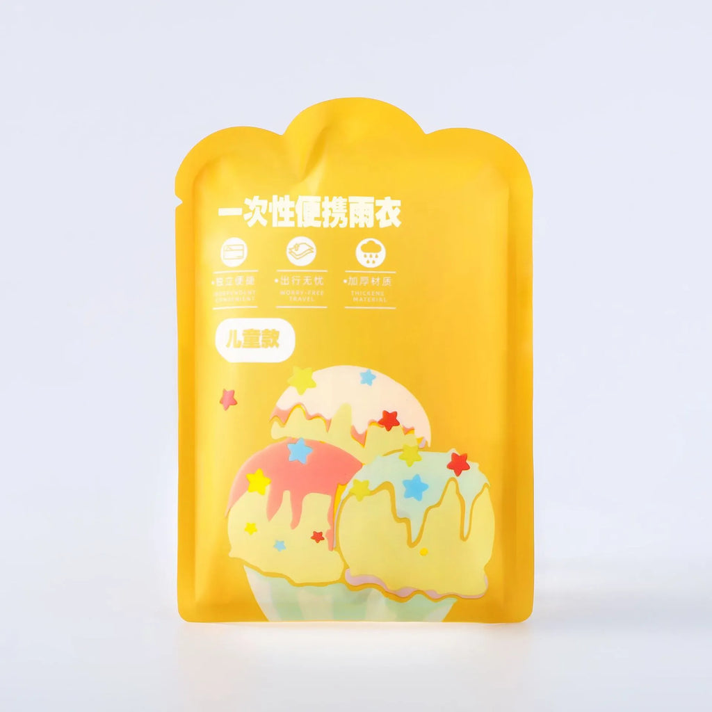 Disposable children's plastic poncho raincoat folded on a 13cm by 9cm card in assorted colours.