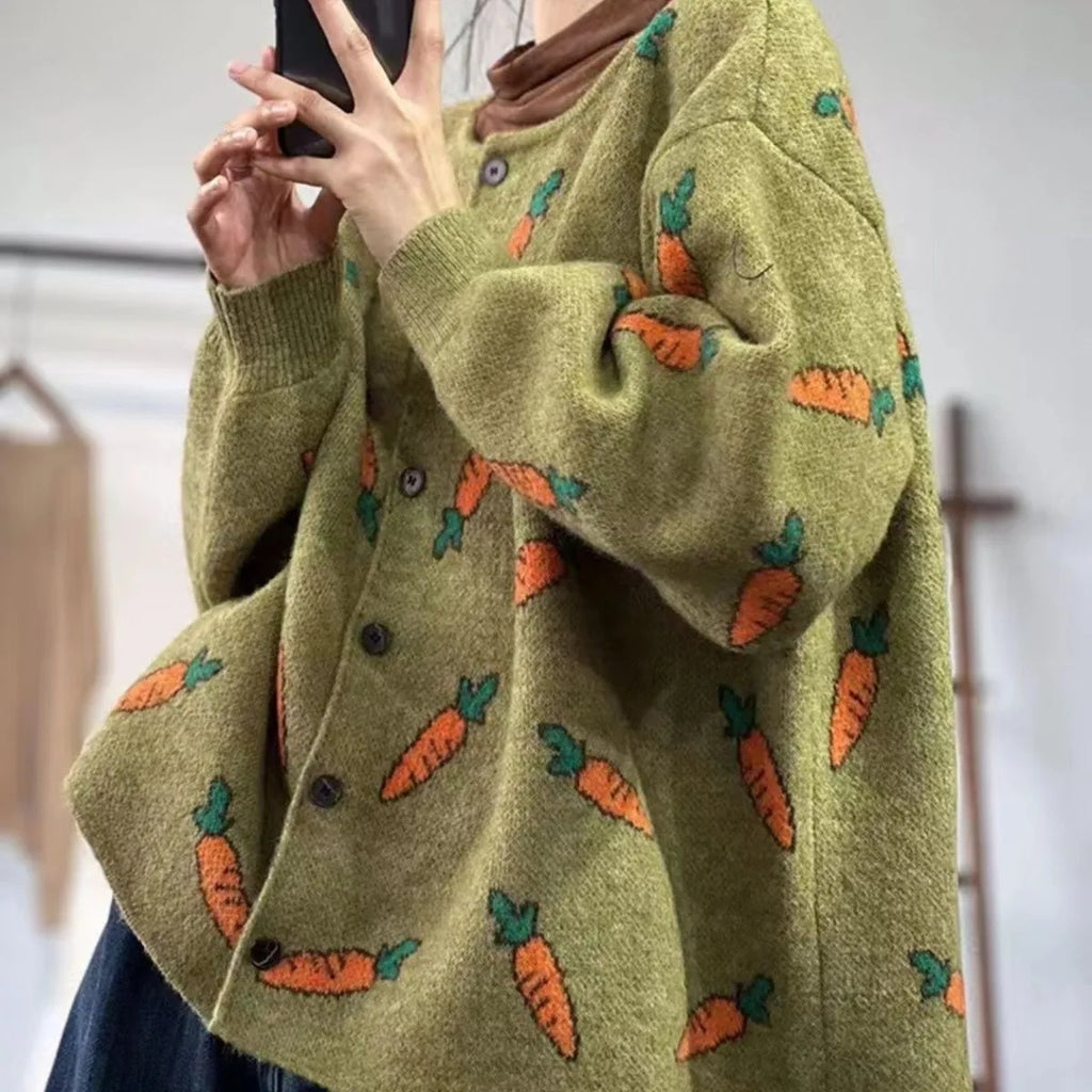 Round neck loose casual cardigan with Mori artistic printing and colour contrast on viscose fabric