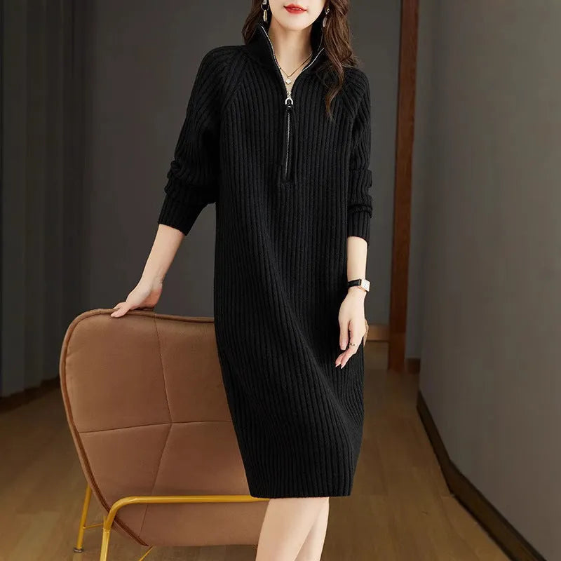 Beige woolen skirt with half zipper front and stand collar in loose casual straight dress style