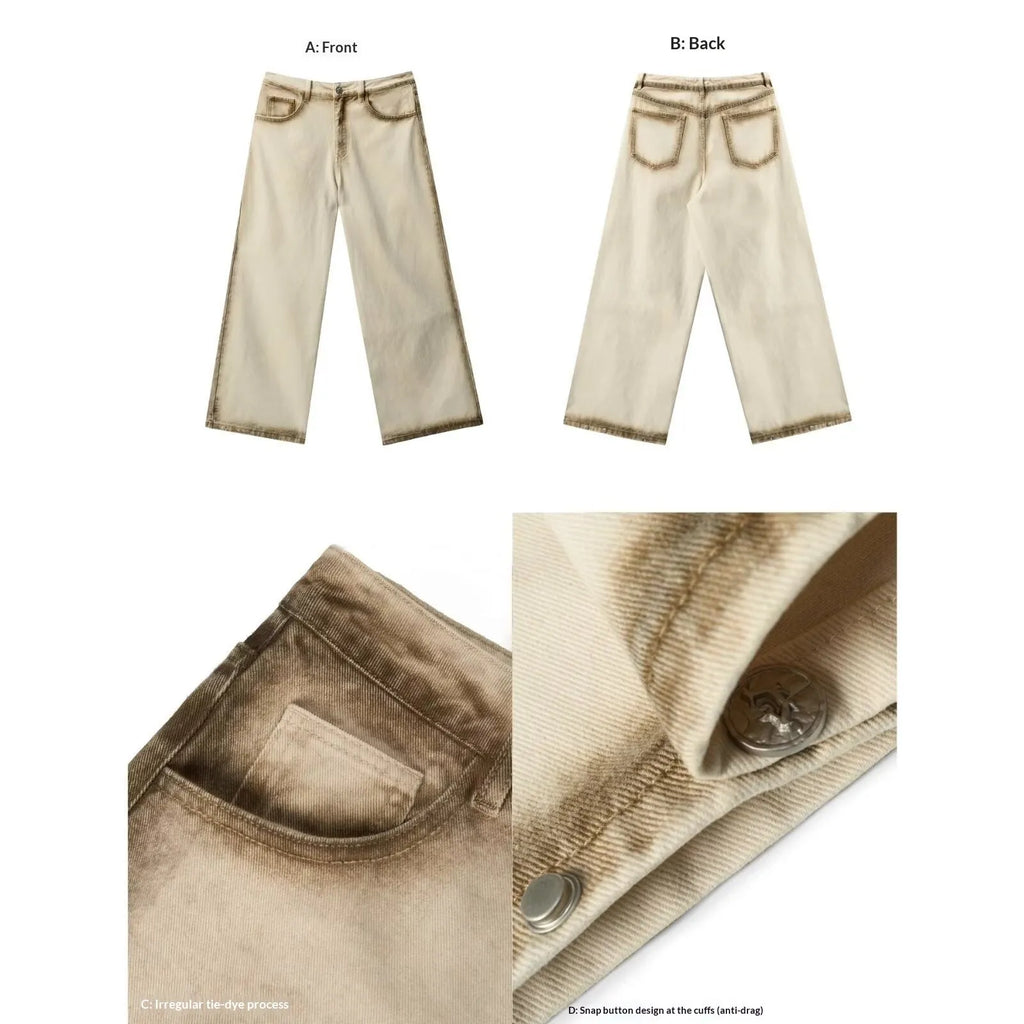 Loose straight retro street floor-length pants in beige cotton with wrinkle-free treatment, mid-rise waist, and loose leg