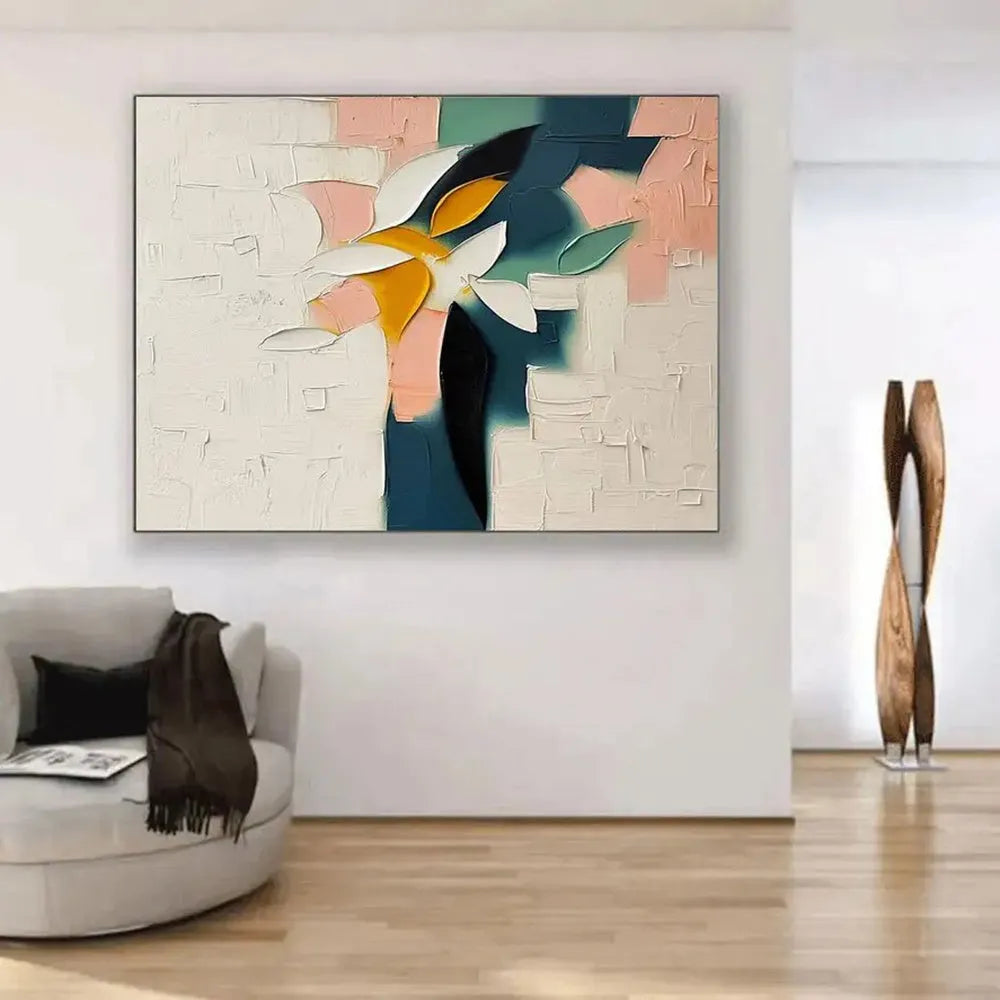 Handmade oil painting canvas with thick 3D palette knife floral design in modern abstract style, rolled unframed
