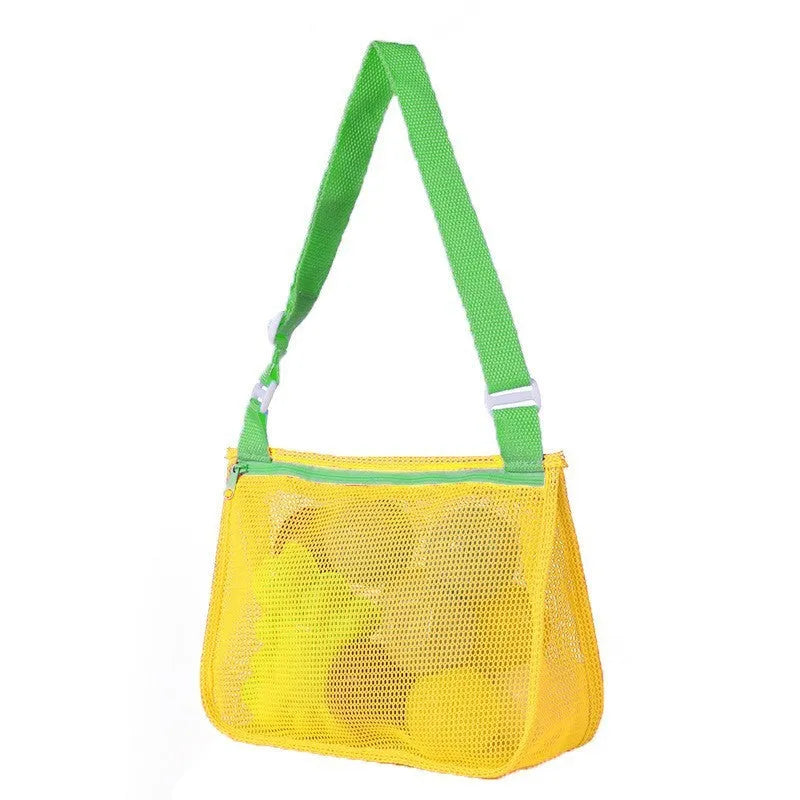 Blue nylon mesh travel storage bag with zip closure for children's toys and clothes