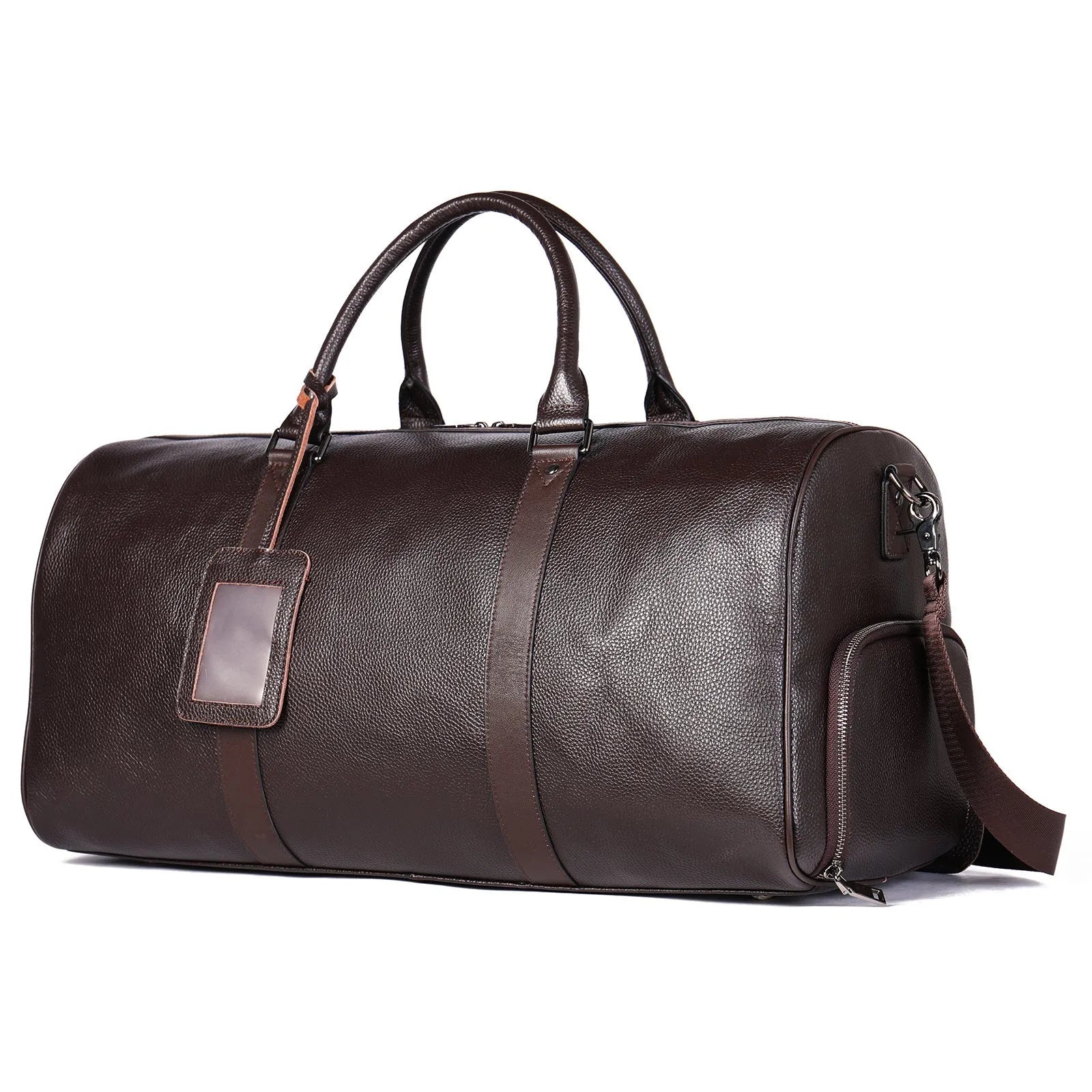 Men's black leather excursion tote bag with a single shoulder strap
