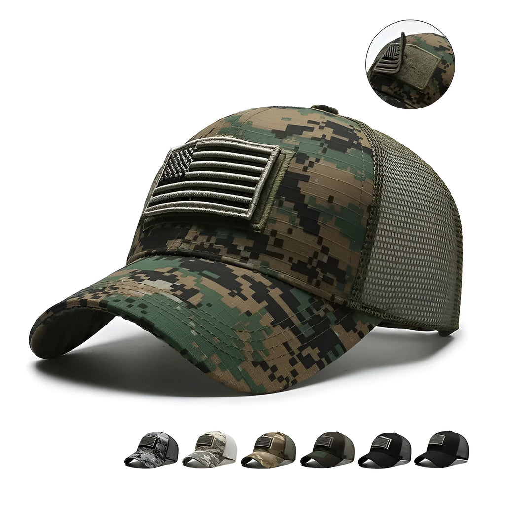 Tactical camouflage baseball hat with tear mark Velcro patches on adjustable cotton cap