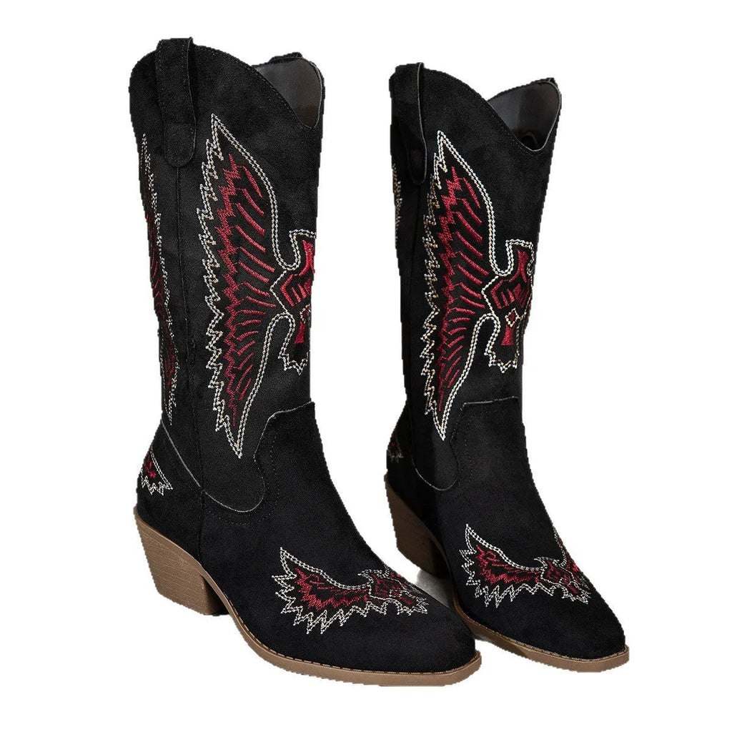 Women's suede embroidery mid heel knight cowboy boots in black with thick heel and high shaft