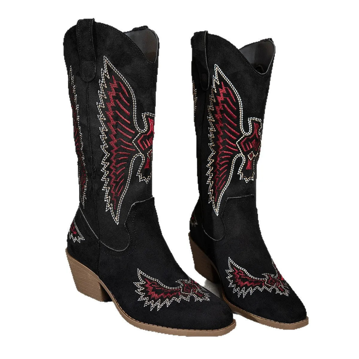 Women's suede embroidery mid heel knight cowboy boots in black with thick heel and high shaft