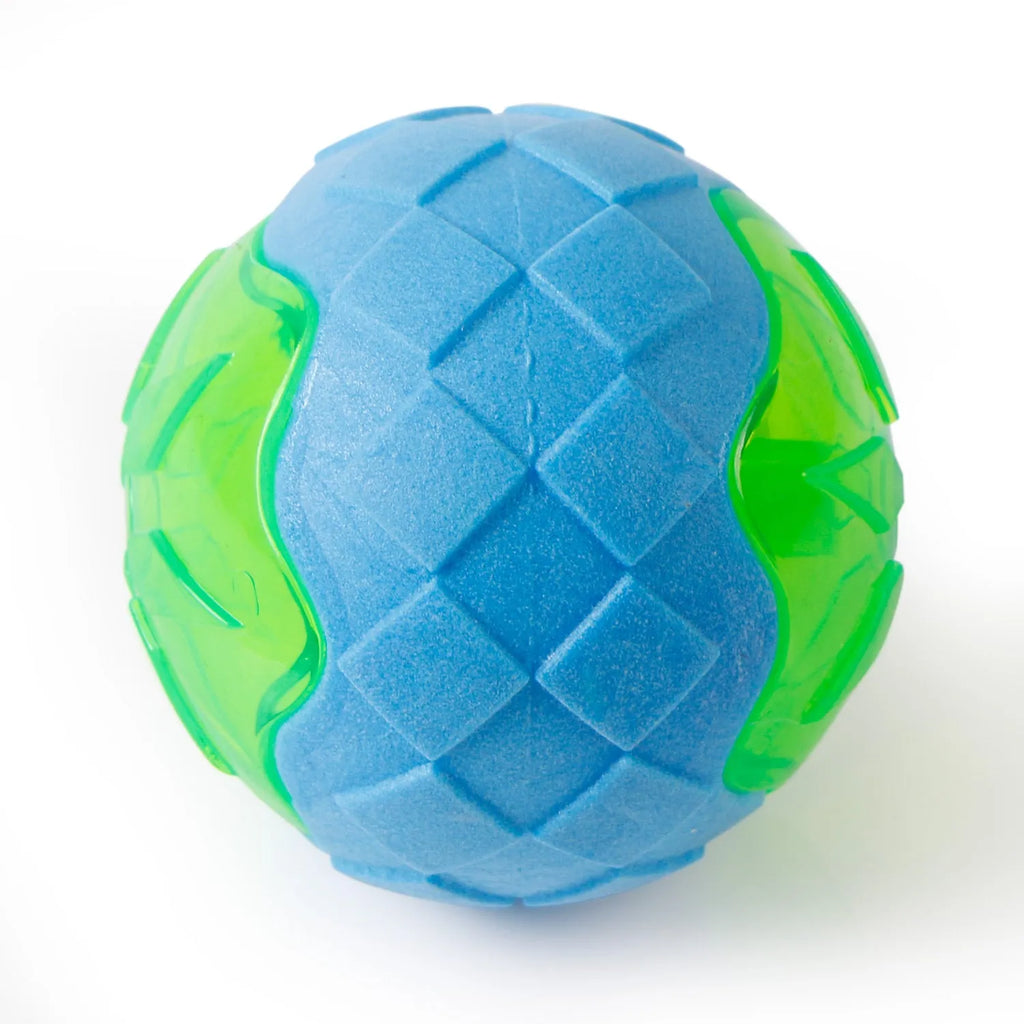 Blue dog toy ball 9 cm TPR material with squeak and glow features for chewing and fetch