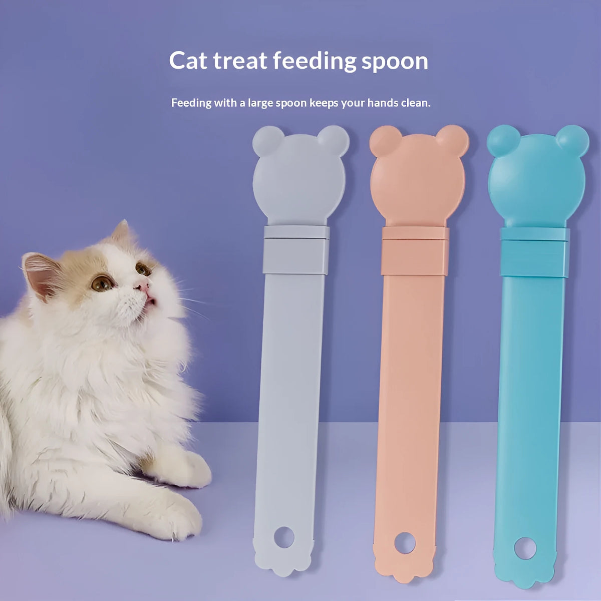 Plastic cat stick spoon feeder squeezer with bear head design in blue, pink or grey for cat paste treats
