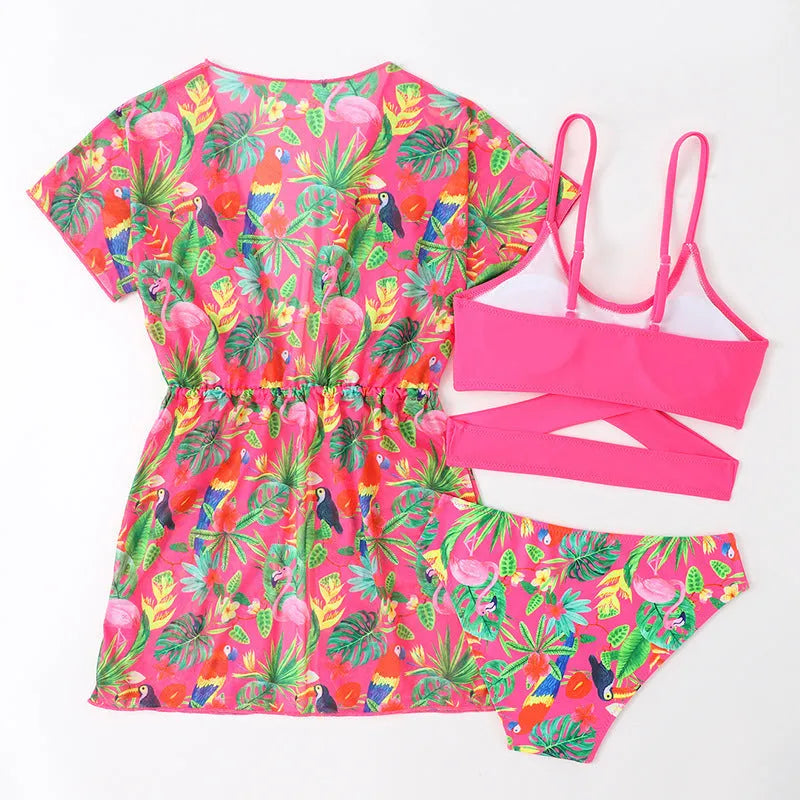 Girls floral pattern split overclothes bikini swimsuit two-piece set