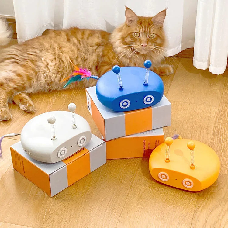 Electric cat interactive toy robot in blue with wagging tail and pointer cat toy