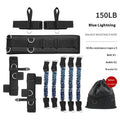 Fitness chest expander elastic belt with red, blue, black, and green resistance sleeves on a grey background.