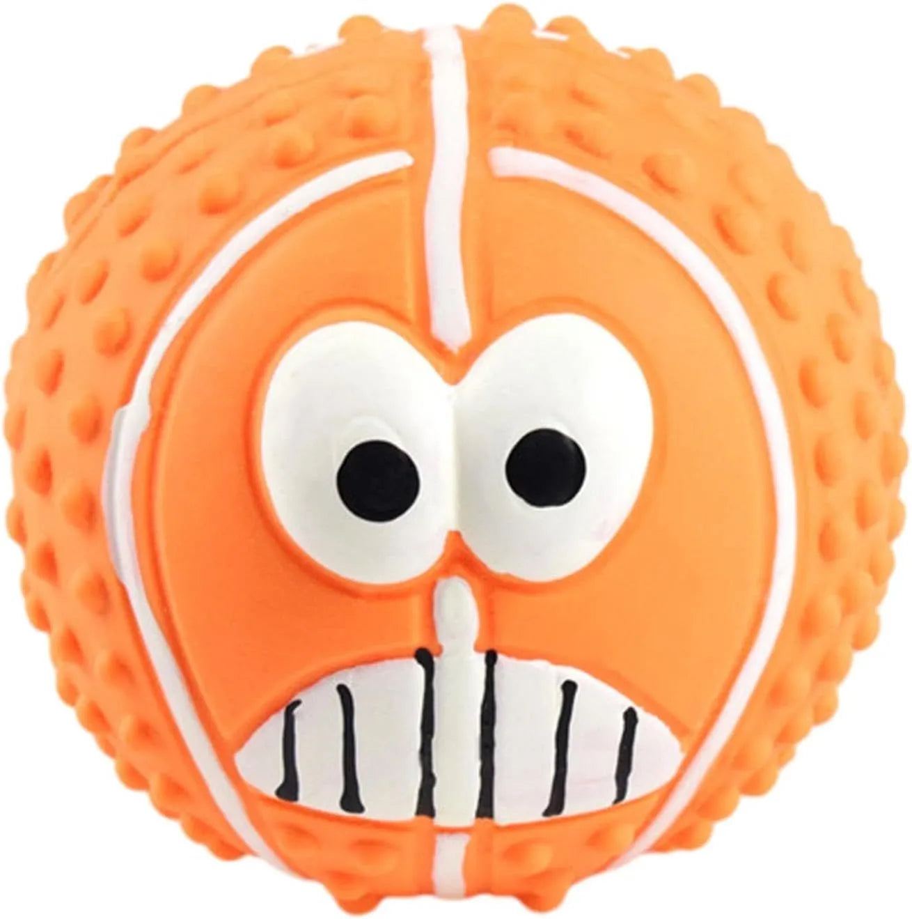 Green latex dog ball with smile face design showing squeaky chew toy