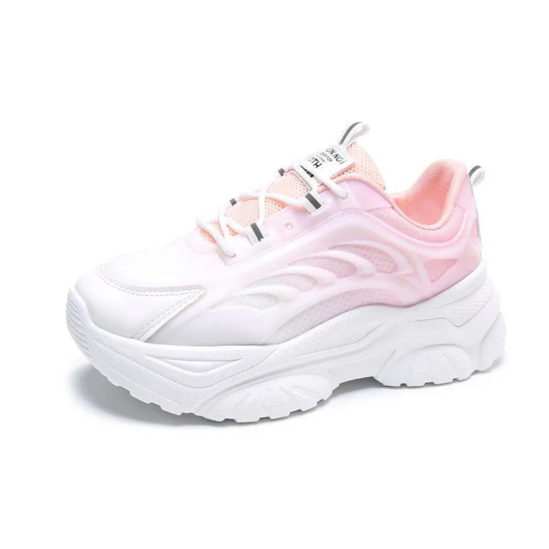 Women's pink satin lace-up casual sports shoes with round toe
