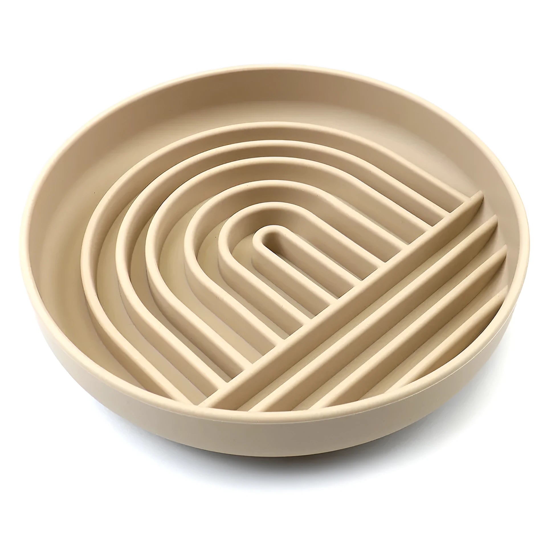 Silicone dog slow feeder bowl with ridges and nooks, shown in beige colour