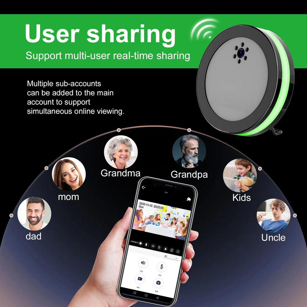 Black wireless smart surveillance camera with night vision and voice conversation on a desk
