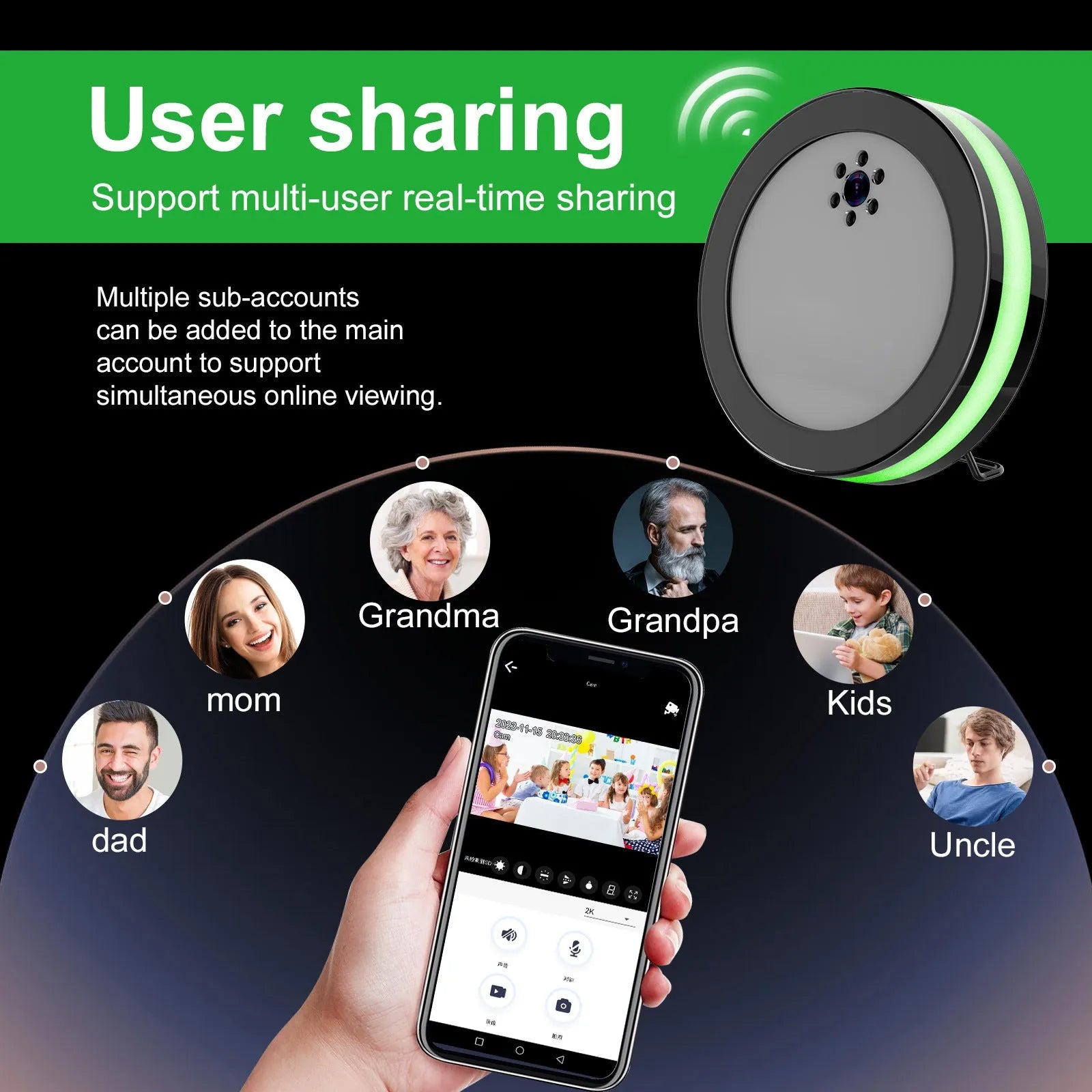 Black wireless smart surveillance camera with night vision and voice conversation on a desk